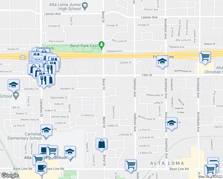 map of restaurants, bars, coffee shops, grocery stores, and more near 9151 Hamilton Street in Rancho Cucamonga