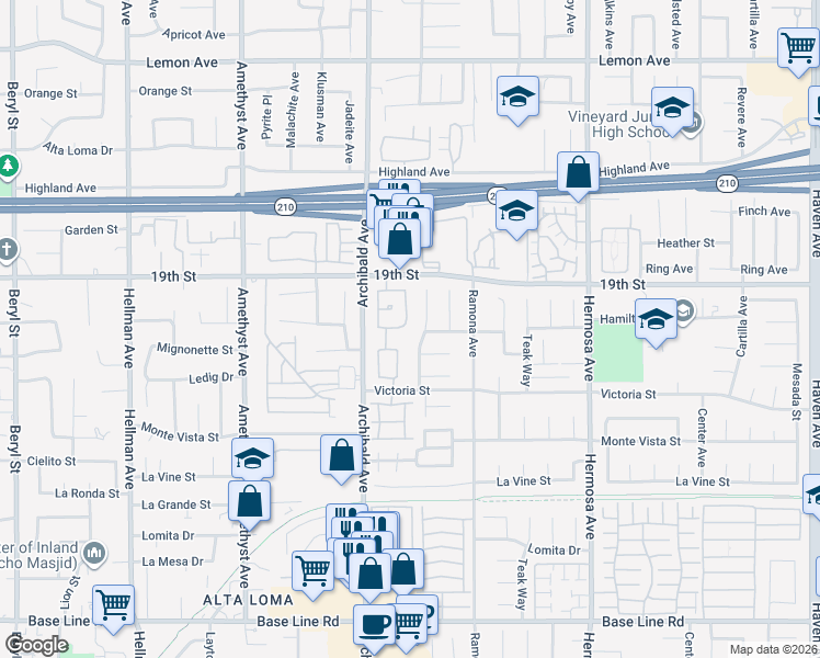 map of restaurants, bars, coffee shops, grocery stores, and more near 6779 Treeline Place in Rancho Cucamonga