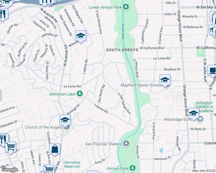 map of restaurants, bars, coffee shops, grocery stores, and more near 755 San Rafael Terrace in Pasadena