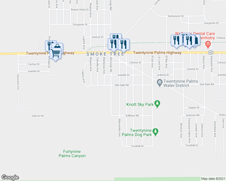 map of restaurants, bars, coffee shops, grocery stores, and more near 6727 Morongo Road in Twentynine Palms