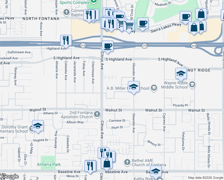 map of restaurants, bars, coffee shops, grocery stores, and more near 6767 Winter Night Court in Fontana