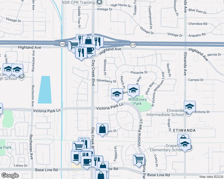 map of restaurants, bars, coffee shops, grocery stores, and more near 12320 Mint Court in Rancho Cucamonga