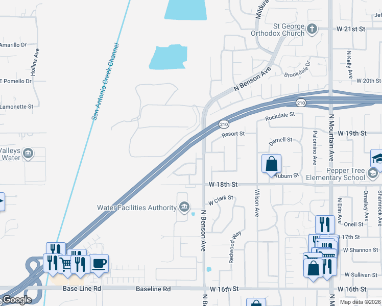 map of restaurants, bars, coffee shops, grocery stores, and more near 1855 Millsweet Drive North in Upland