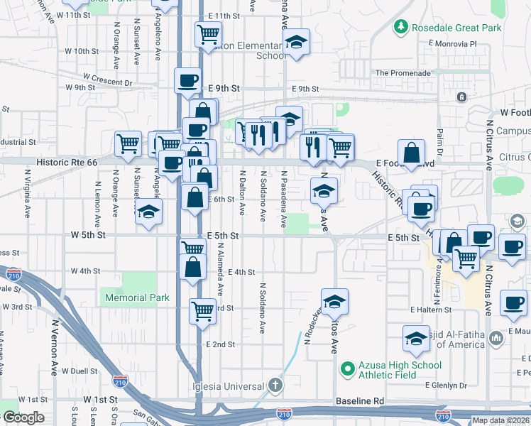map of restaurants, bars, coffee shops, grocery stores, and more near 531 North Pasadena Avenue in Azusa