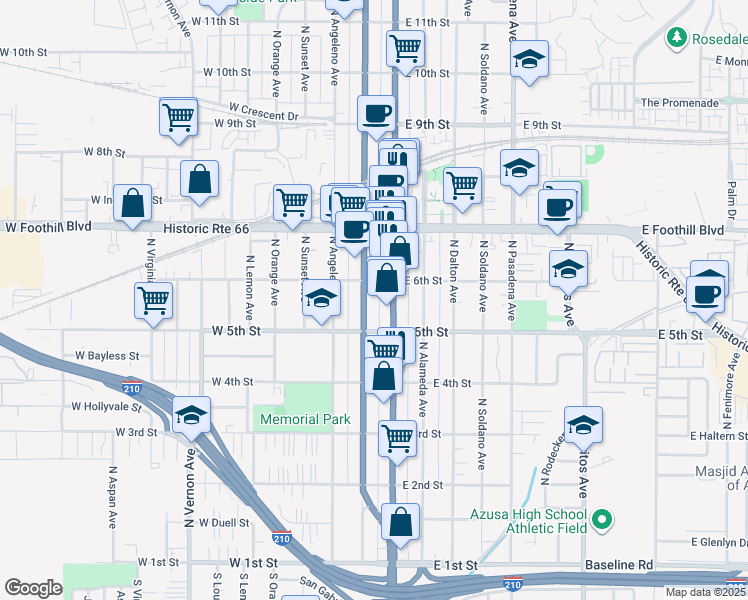 map of restaurants, bars, coffee shops, grocery stores, and more near 531 North San Gabriel Avenue in Azusa