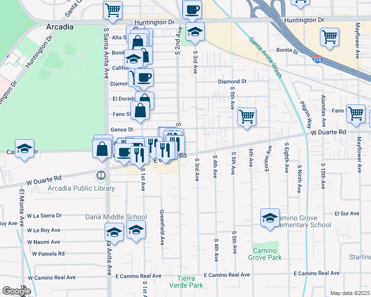 map of restaurants, bars, coffee shops, grocery stores, and more near 828 South 2nd Avenue in Arcadia