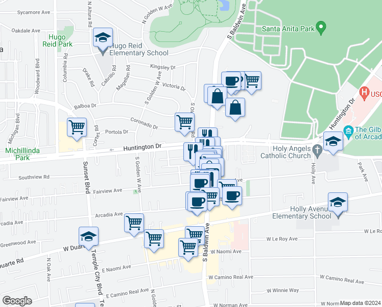 map of restaurants, bars, coffee shops, grocery stores, and more near 728 West Huntington Drive in Arcadia