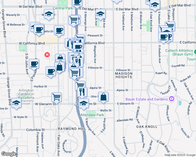 map of restaurants, bars, coffee shops, grocery stores, and more near 851 Magnolia Avenue in Pasadena