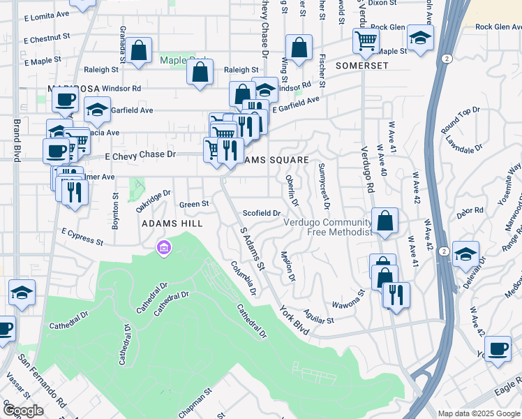 map of restaurants, bars, coffee shops, grocery stores, and more near 1119 Scofield Drive in Glendale