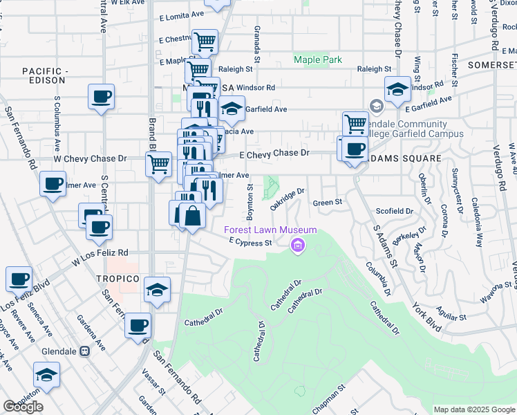 map of restaurants, bars, coffee shops, grocery stores, and more near 1265 Oakridge Drive in Glendale