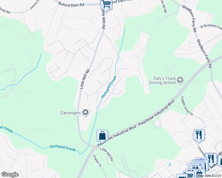 map of restaurants, bars, coffee shops, grocery stores, and more near 5471 Skylar Creek Lane Northeast in Buford