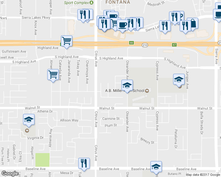 map of restaurants, bars, coffee shops, grocery stores, and more near 6767 Winter Night Court in Fontana