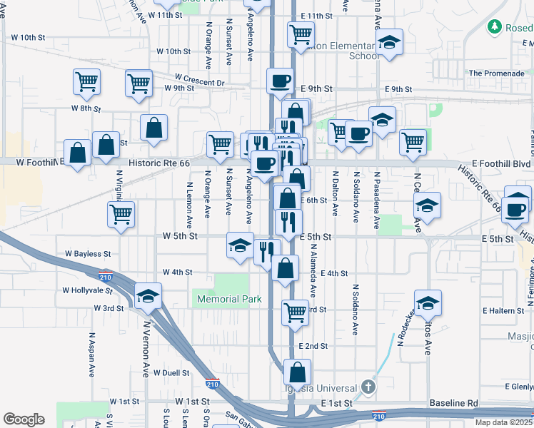 map of restaurants, bars, coffee shops, grocery stores, and more near 531 North San Gabriel Avenue in Azusa