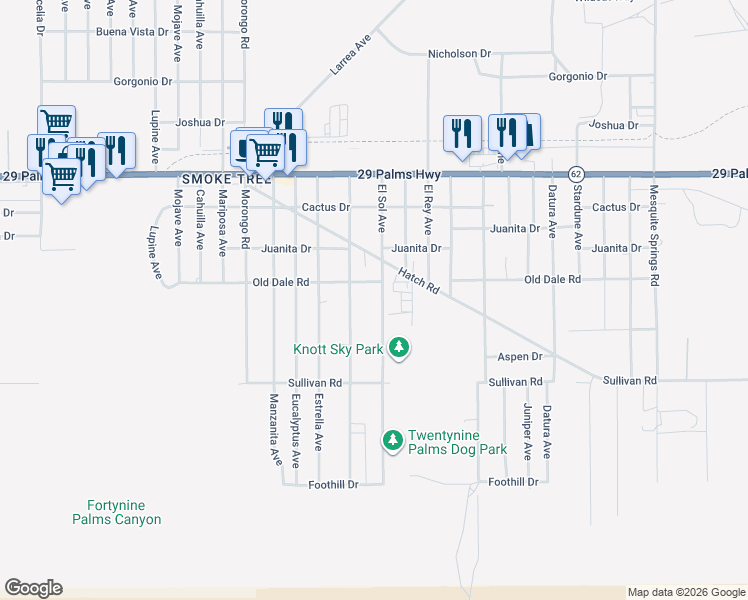 map of restaurants, bars, coffee shops, grocery stores, and more near 6732 El Sol Avenue in Twentynine Palms
