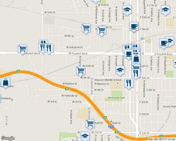 map of restaurants, bars, coffee shops, grocery stores, and more near 528 North Barbara Avenue in Azusa