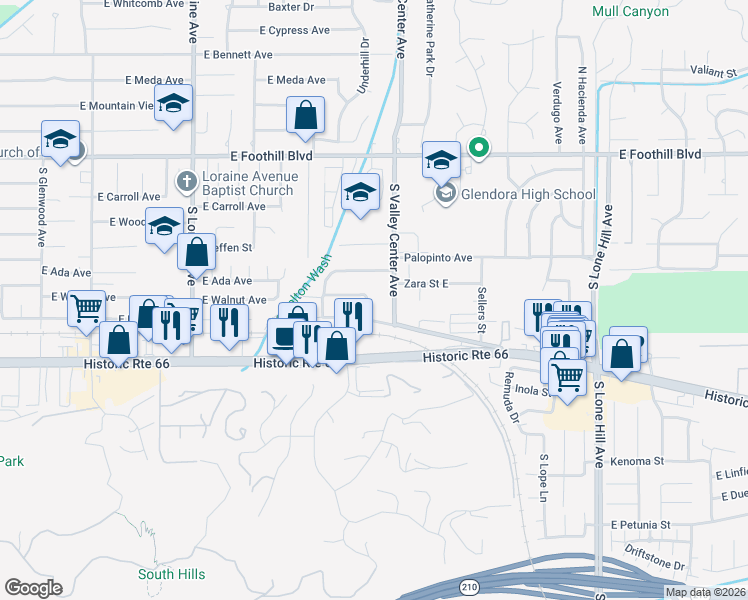 map of restaurants, bars, coffee shops, grocery stores, and more near 1431 Cossacks Place East in Glendora