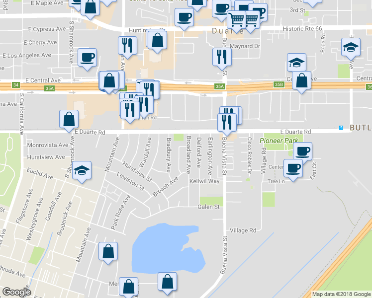 map of restaurants, bars, coffee shops, grocery stores, and more near 1839 Broadland Avenue in Duarte