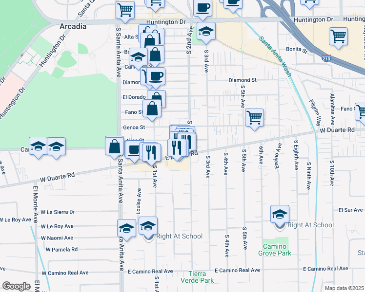 map of restaurants, bars, coffee shops, grocery stores, and more near 158A Alice Street in Arcadia