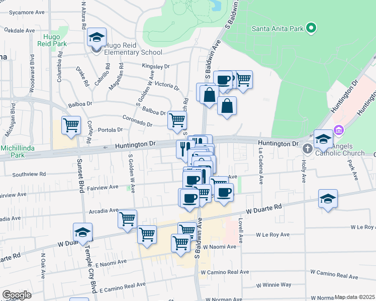 map of restaurants, bars, coffee shops, grocery stores, and more near 726 West Huntington Drive in Arcadia