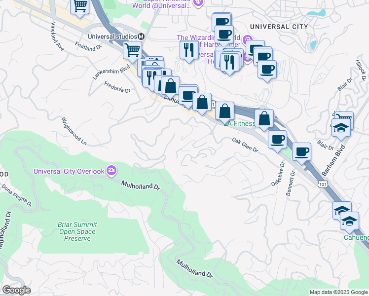 map of restaurants, bars, coffee shops, grocery stores, and more near 3720 Broadlawn Drive in Los Angeles
