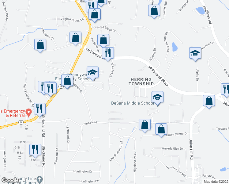 map of restaurants, bars, coffee shops, grocery stores, and more near 387 Saint Claire Drive in Alpharetta