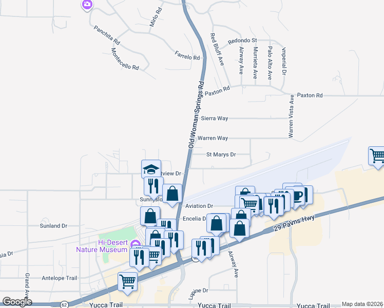 map of restaurants, bars, coffee shops, grocery stores, and more near Old Woman Springs Outerhighway East in Yucca Valley