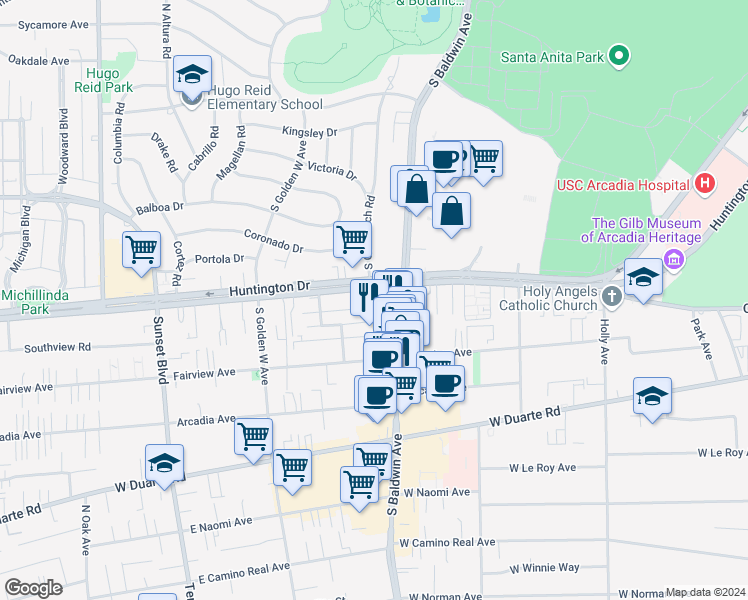 map of restaurants, bars, coffee shops, grocery stores, and more near 728 West Huntington Drive in Arcadia
