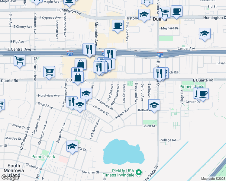map of restaurants, bars, coffee shops, grocery stores, and more near 1838 Wardell Avenue in Duarte