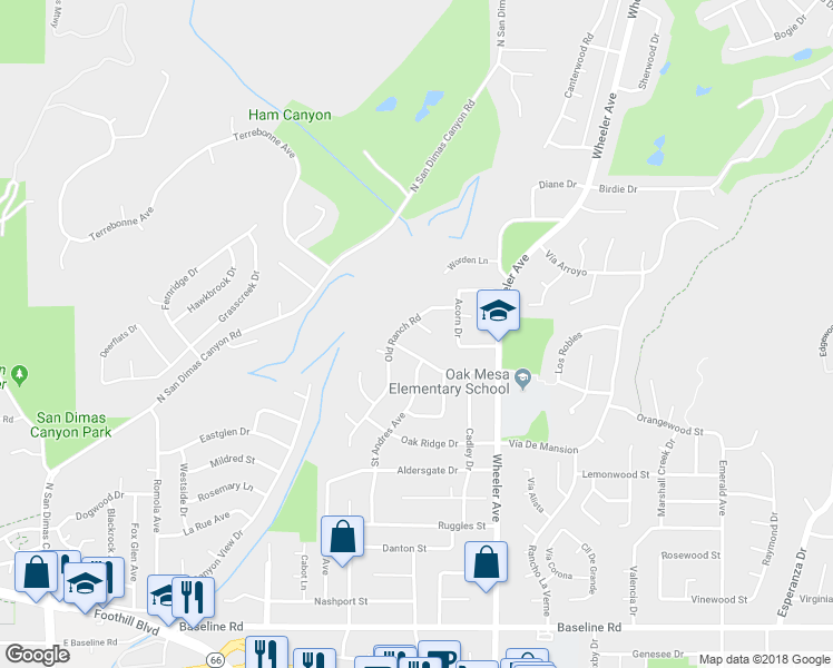 map of restaurants, bars, coffee shops, grocery stores, and more near 1218 Oak View Lane in La Verne