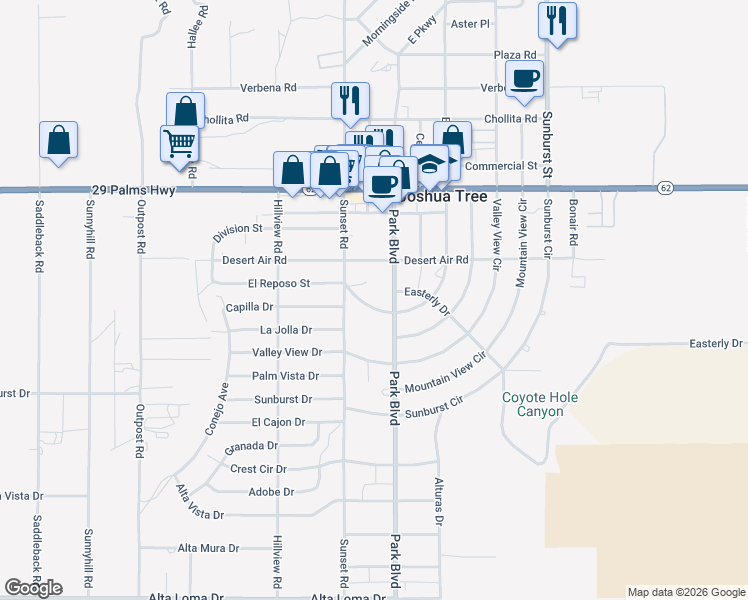 map of restaurants, bars, coffee shops, grocery stores, and more near 61768 El Reposo Circle in Joshua Tree
