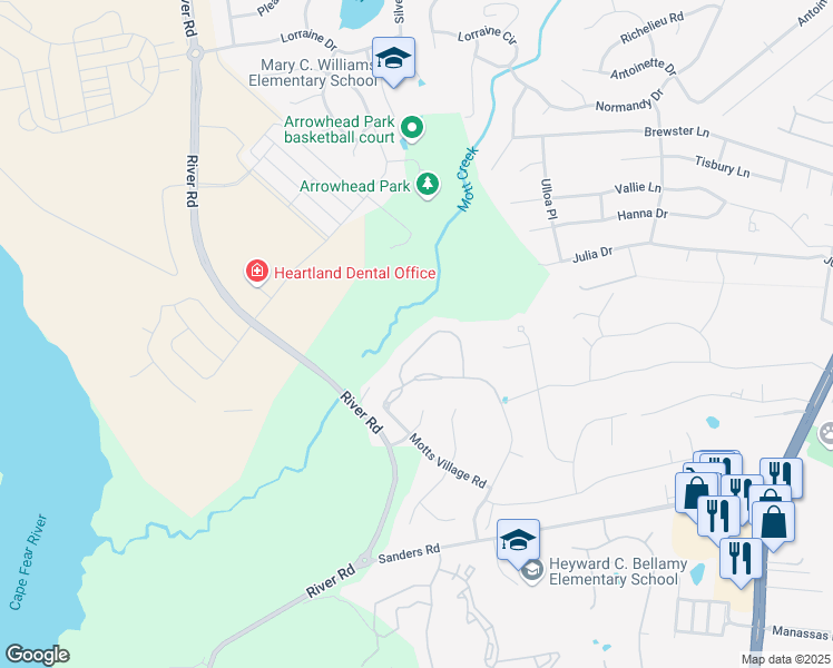 map of restaurants, bars, coffee shops, grocery stores, and more near 225 Fayemarsh Road in Wilmington