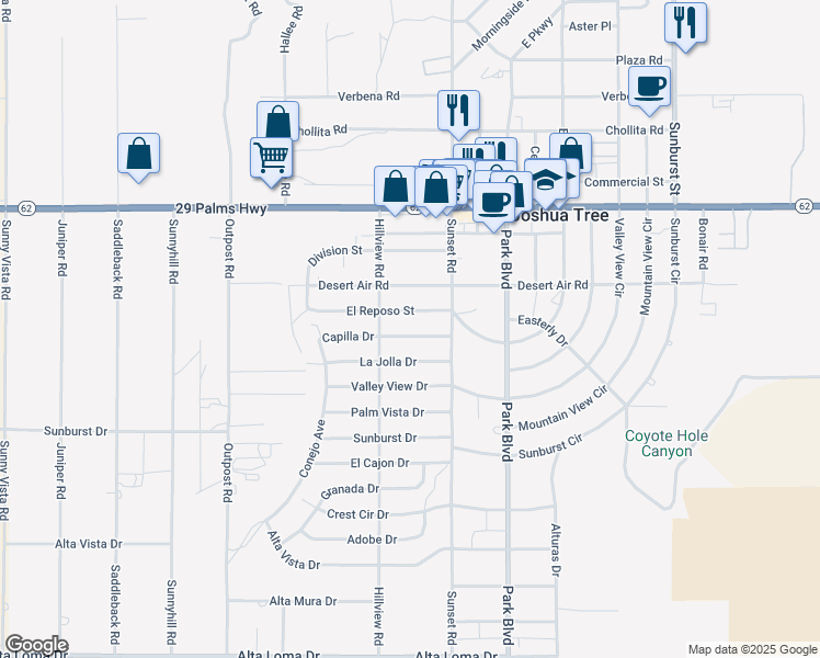 map of restaurants, bars, coffee shops, grocery stores, and more near 61626 Capilla Drive in Joshua Tree