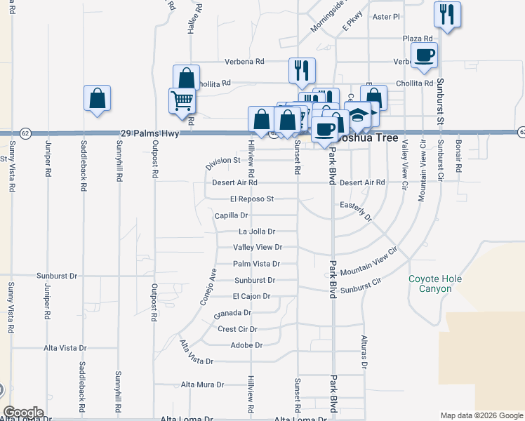 map of restaurants, bars, coffee shops, grocery stores, and more near 61626 Capilla Drive in Joshua Tree
