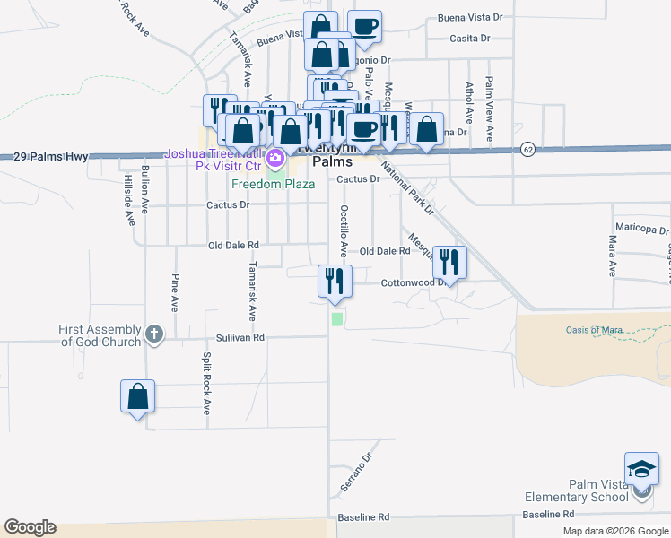map of restaurants, bars, coffee shops, grocery stores, and more near 6757 Adobe Road in Twentynine Palms