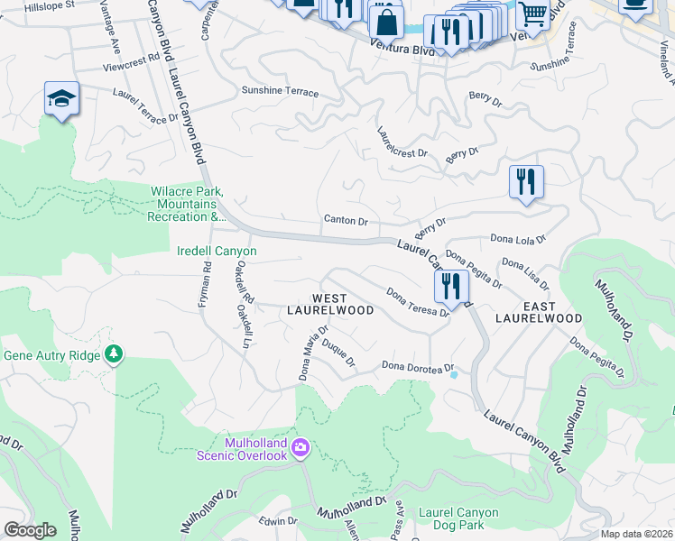map of restaurants, bars, coffee shops, grocery stores, and more near 1566 Dona Teresa Drive in Los Angeles