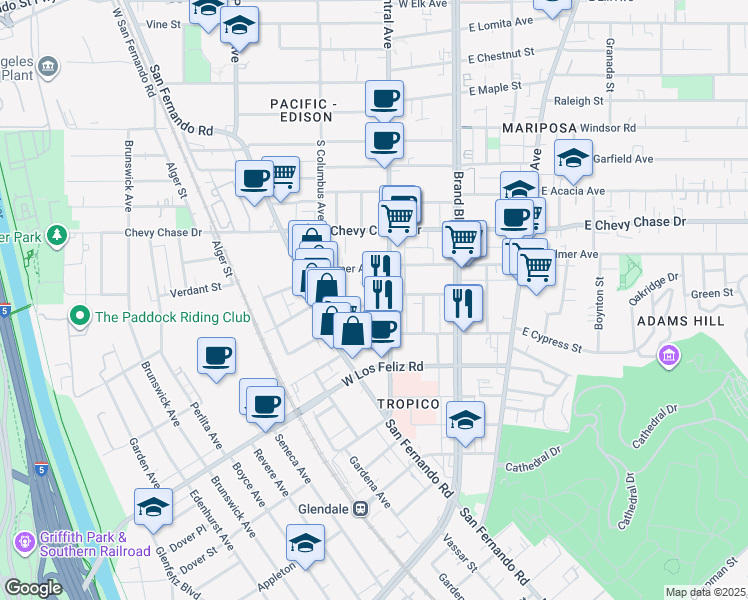 map of restaurants, bars, coffee shops, grocery stores, and more near 313 Magnolia Avenue in Glendale
