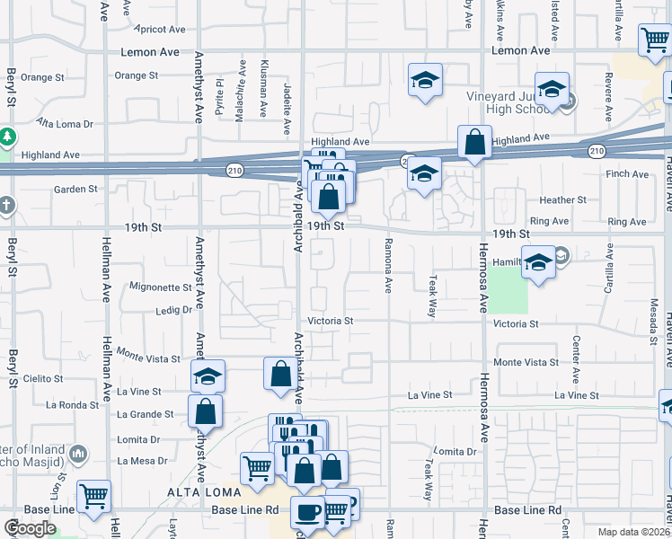 map of restaurants, bars, coffee shops, grocery stores, and more near 6779 Treeline Place in Rancho Cucamonga