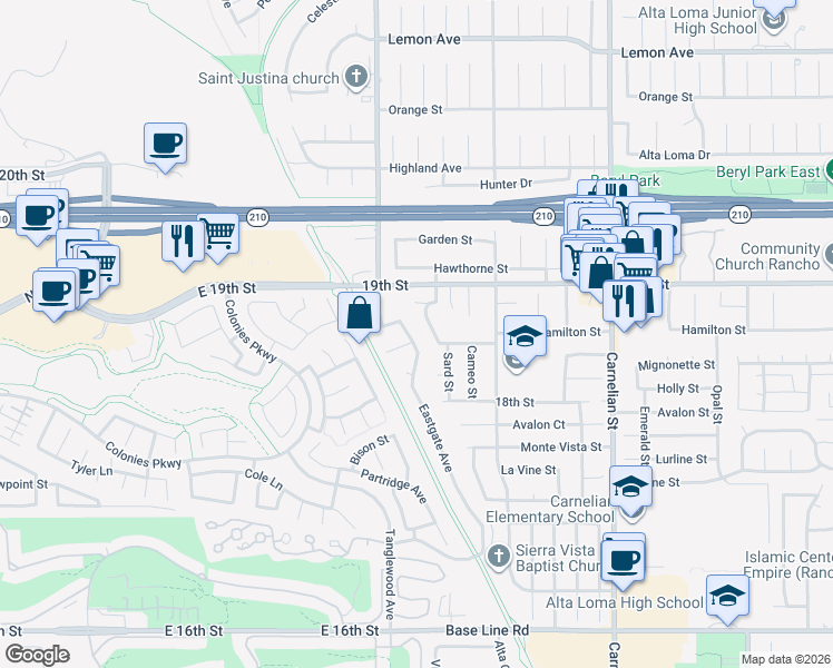 map of restaurants, bars, coffee shops, grocery stores, and more near 1858 Eastgate Avenue in Upland