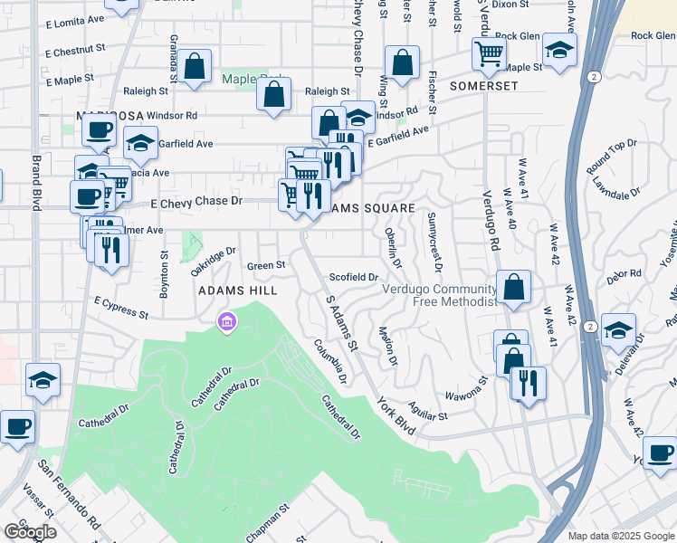 map of restaurants, bars, coffee shops, grocery stores, and more near 1119 Scofield Dr in Glendale