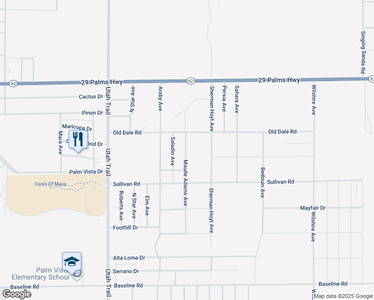 map of restaurants, bars, coffee shops, grocery stores, and more near 6769 Maude Adams Avenue in Twentynine Palms