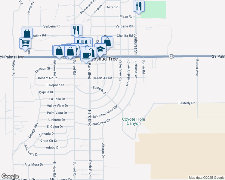 map of restaurants, bars, coffee shops, grocery stores, and more near 61929 Grand View Circle in Joshua Tree