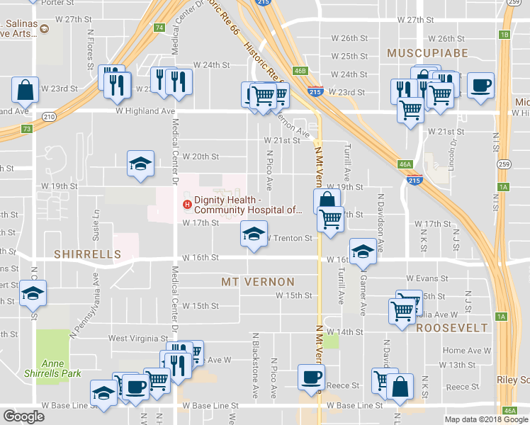 map of restaurants, bars, coffee shops, grocery stores, and more near 1708 North Pico Avenue in San Bernardino