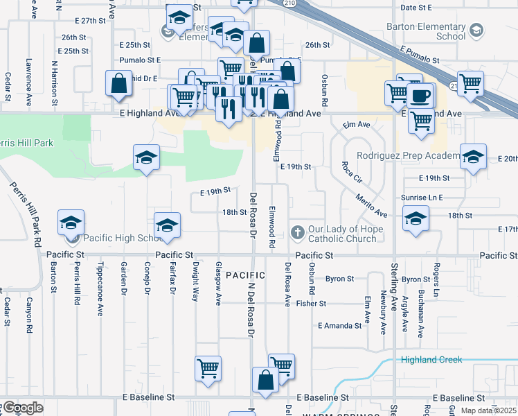 map of restaurants, bars, coffee shops, grocery stores, and more near 6769 Del Rosa Drive in San Bernardino