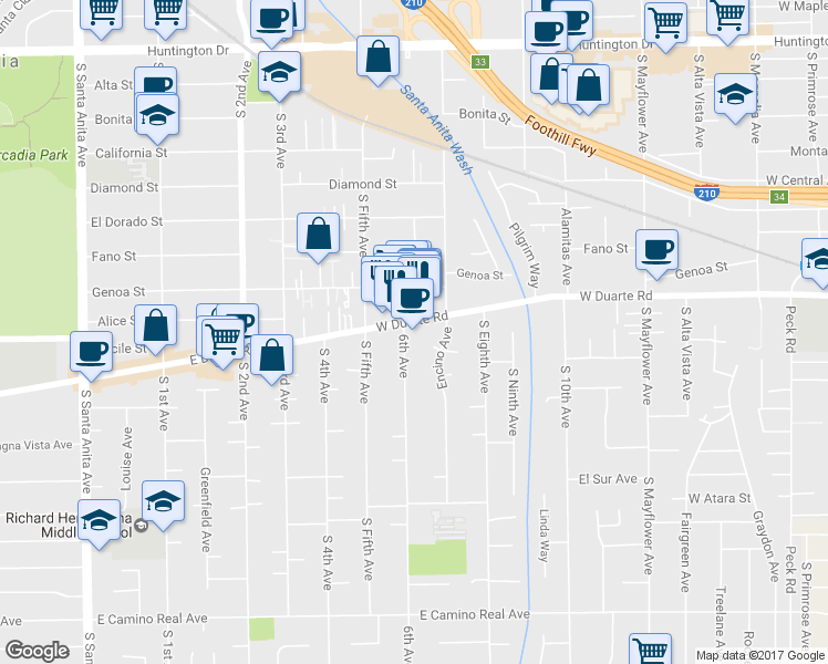 map of restaurants, bars, coffee shops, grocery stores, and more near 930 West Duarte Road in Monrovia