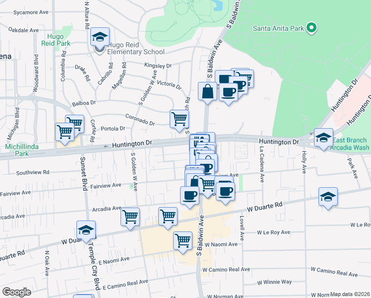 map of restaurants, bars, coffee shops, grocery stores, and more near in Arcadia