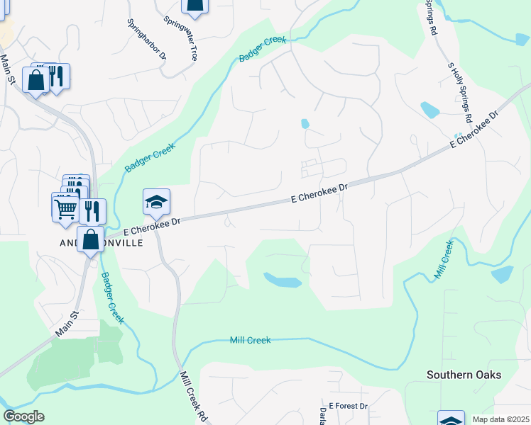 map of restaurants, bars, coffee shops, grocery stores, and more near 2068 East Cherokee Drive in Woodstock