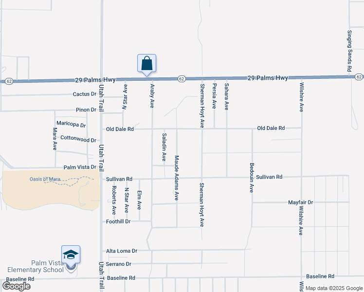 map of restaurants, bars, coffee shops, grocery stores, and more near 6769 Maude Adams Avenue in Twentynine Palms