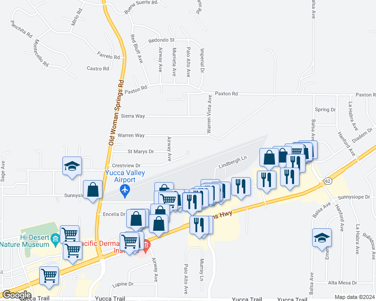 map of restaurants, bars, coffee shops, grocery stores, and more near 57698 Crestview Drive in Yucca Valley