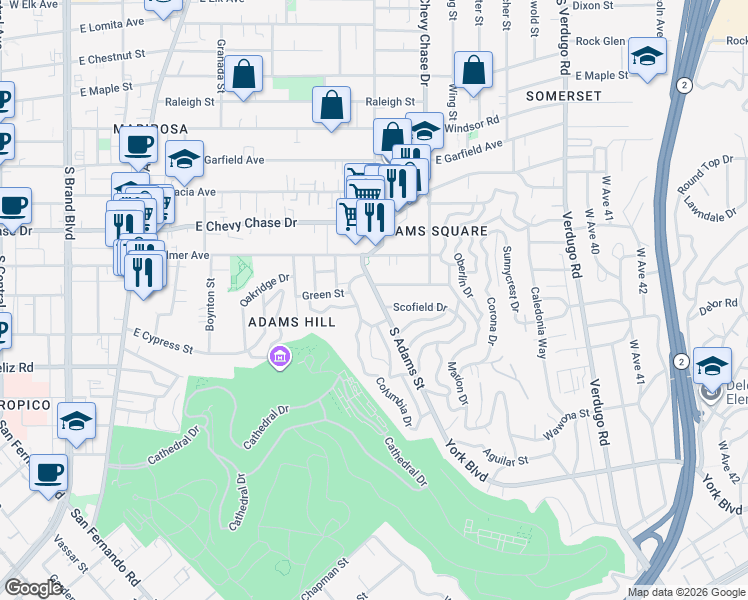 map of restaurants, bars, coffee shops, grocery stores, and more near 1249 South Adams Street in Glendale