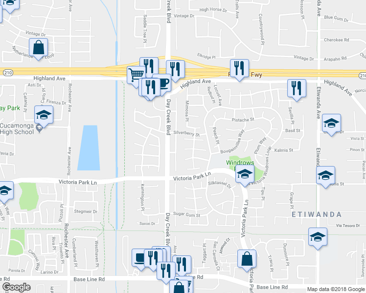 map of restaurants, bars, coffee shops, grocery stores, and more near 12254 Mint Court in Rancho Cucamonga